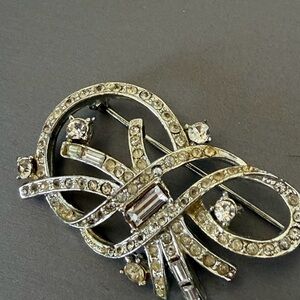 Signed Coro Crystal Baguette Rhinestone Vintage Bow Brooch